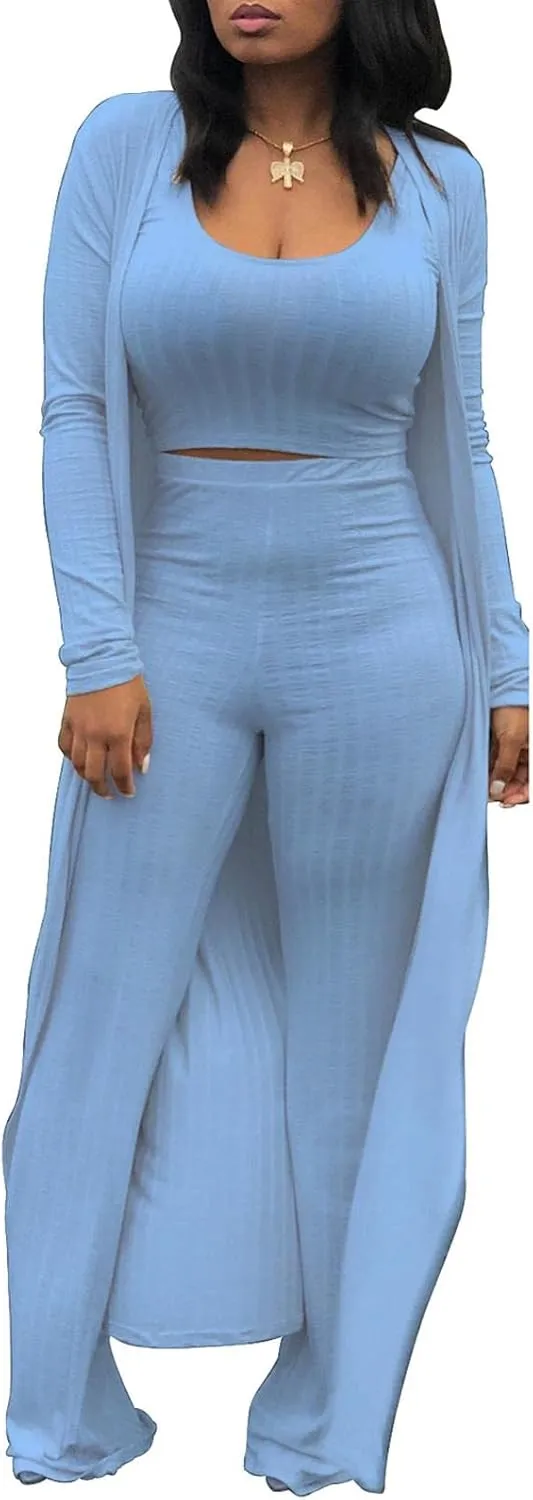 HANMAX Women's Tracksuit Winter Autumn Knitted Long-sleeved Blazer Coat Tank Long Pants Three Piece Sets Outfit