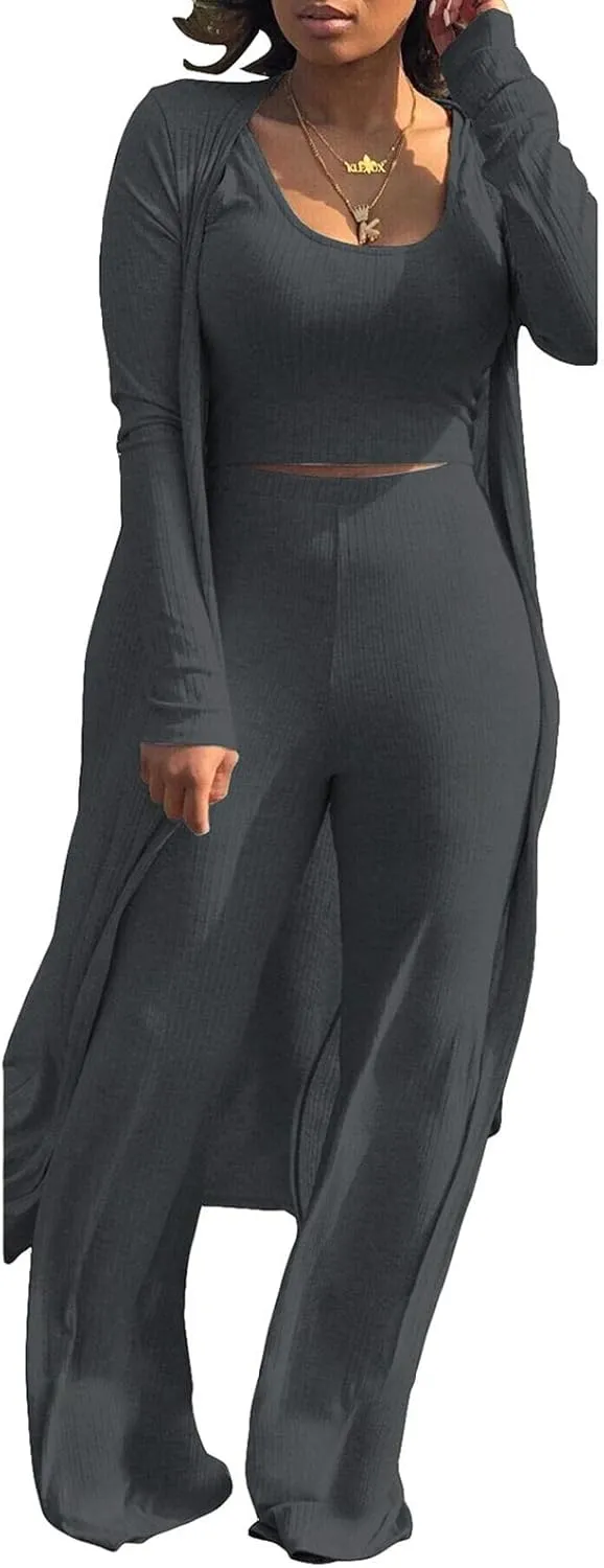 HANMAX Women's Tracksuit Winter Autumn Knitted Long-sleeved Blazer Coat Tank Long Pants Three Piece Sets Outfit