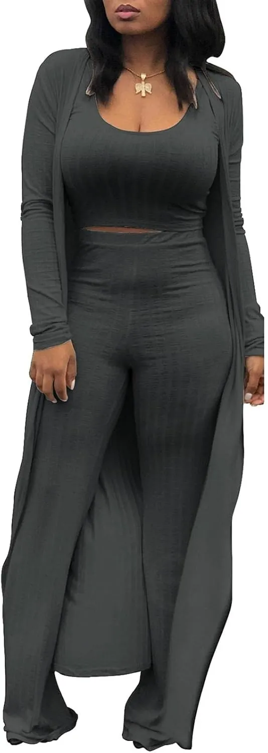HANMAX Women's Tracksuit Winter Autumn Knitted Long-sleeved Blazer Coat Tank Long Pants Three Piece Sets Outfit