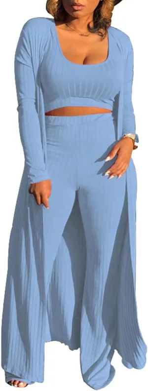 HANMAX Women's Tracksuit Winter Autumn Knitted Long-sleeved Blazer Coat Tank Long Pants Three Piece Sets Outfit