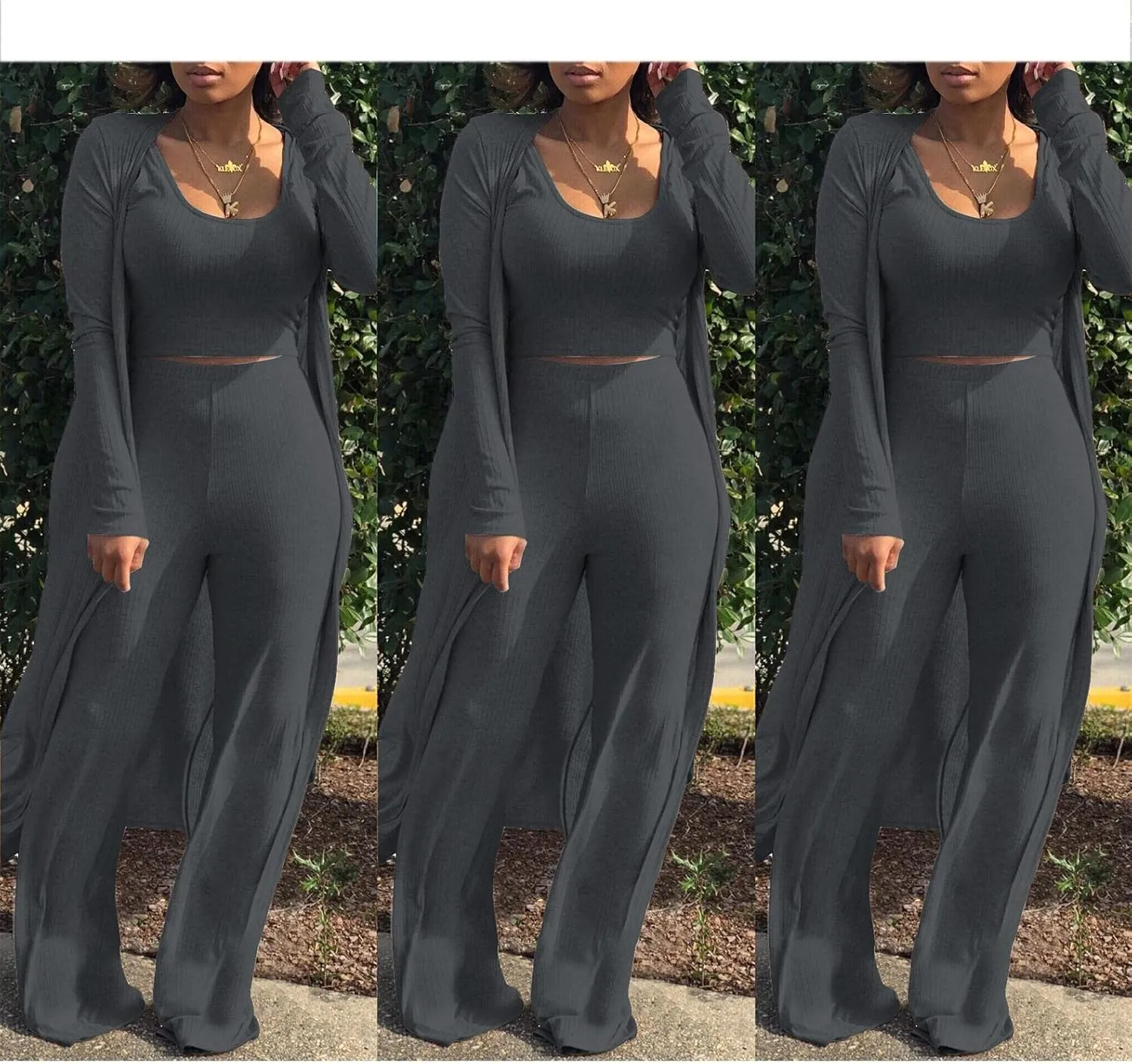 HANMAX Women's Tracksuit Winter Autumn Knitted Long-sleeved Blazer Coat Tank Long Pants Three Piece Sets Outfit