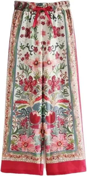 Hdhdeueh Women's Wide Leg Pants Bohemian Print Stretch High Waist Tie Flowy Palazzo Trousers