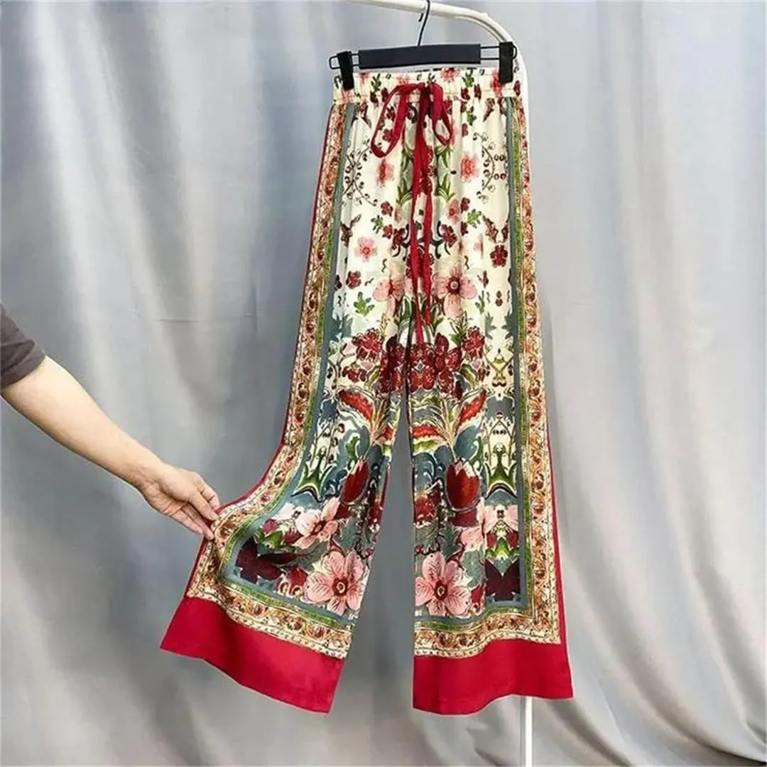 Hdhdeueh Women's Wide Leg Pants Bohemian Print Stretch High Waist Tie Flowy Palazzo Trousers