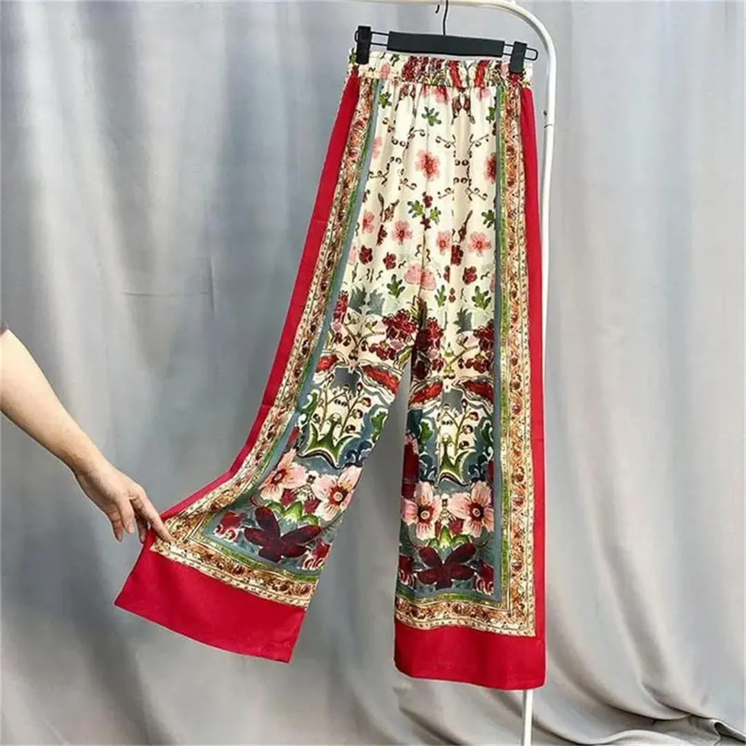 Hdhdeueh Women's Wide Leg Pants Bohemian Print Stretch High Waist Tie Flowy Palazzo Trousers