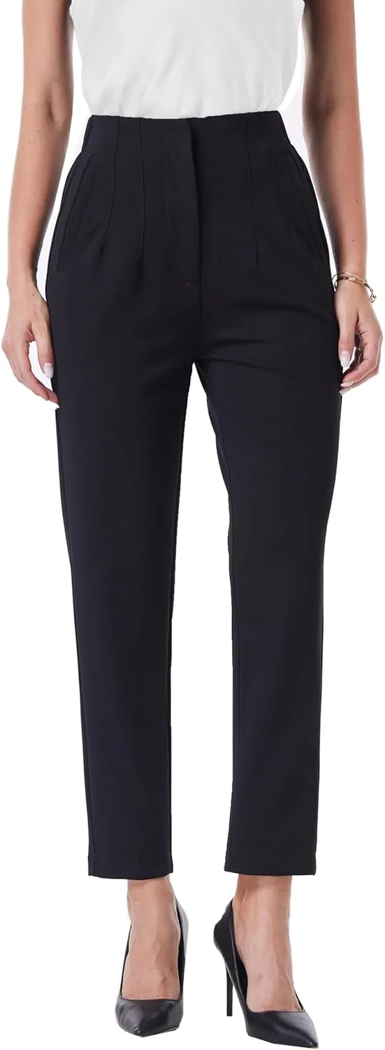 heipeiwa Women's High Waisted Work Business Trousers Pleated Office Slacks Pants Crop Dress Pant