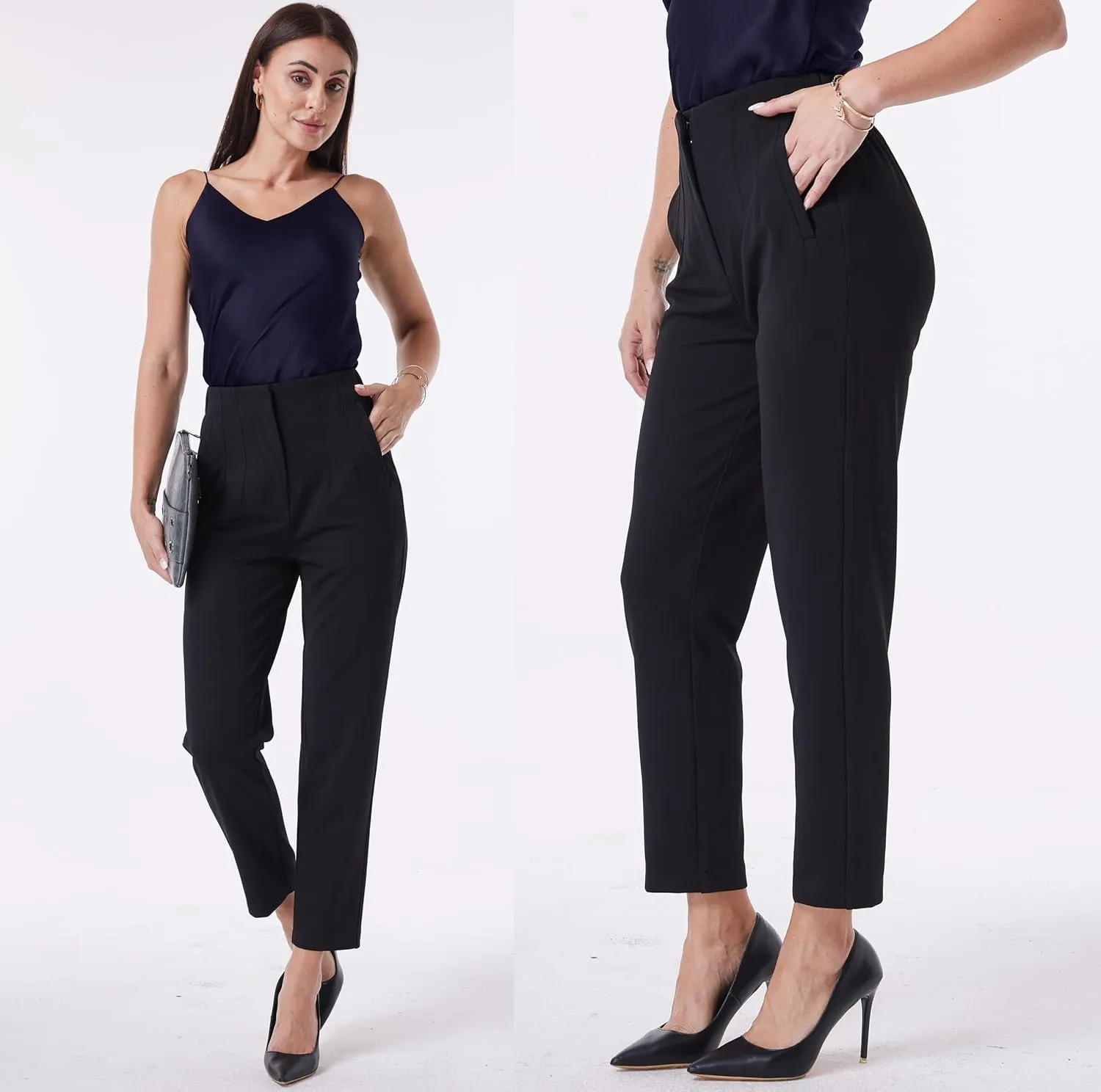 heipeiwa Women's High Waisted Work Business Trousers Pleated Office Slacks Pants Crop Dress Pant