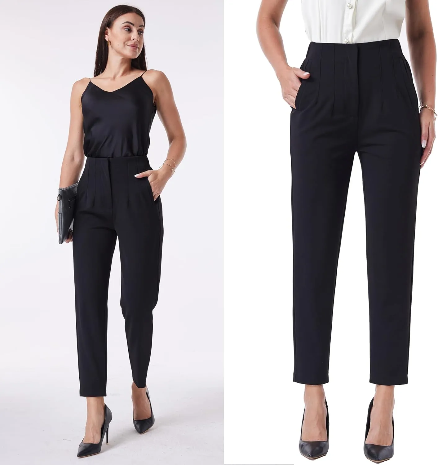 heipeiwa Women's High Waisted Work Business Trousers Pleated Office Slacks Pants Crop Dress Pant