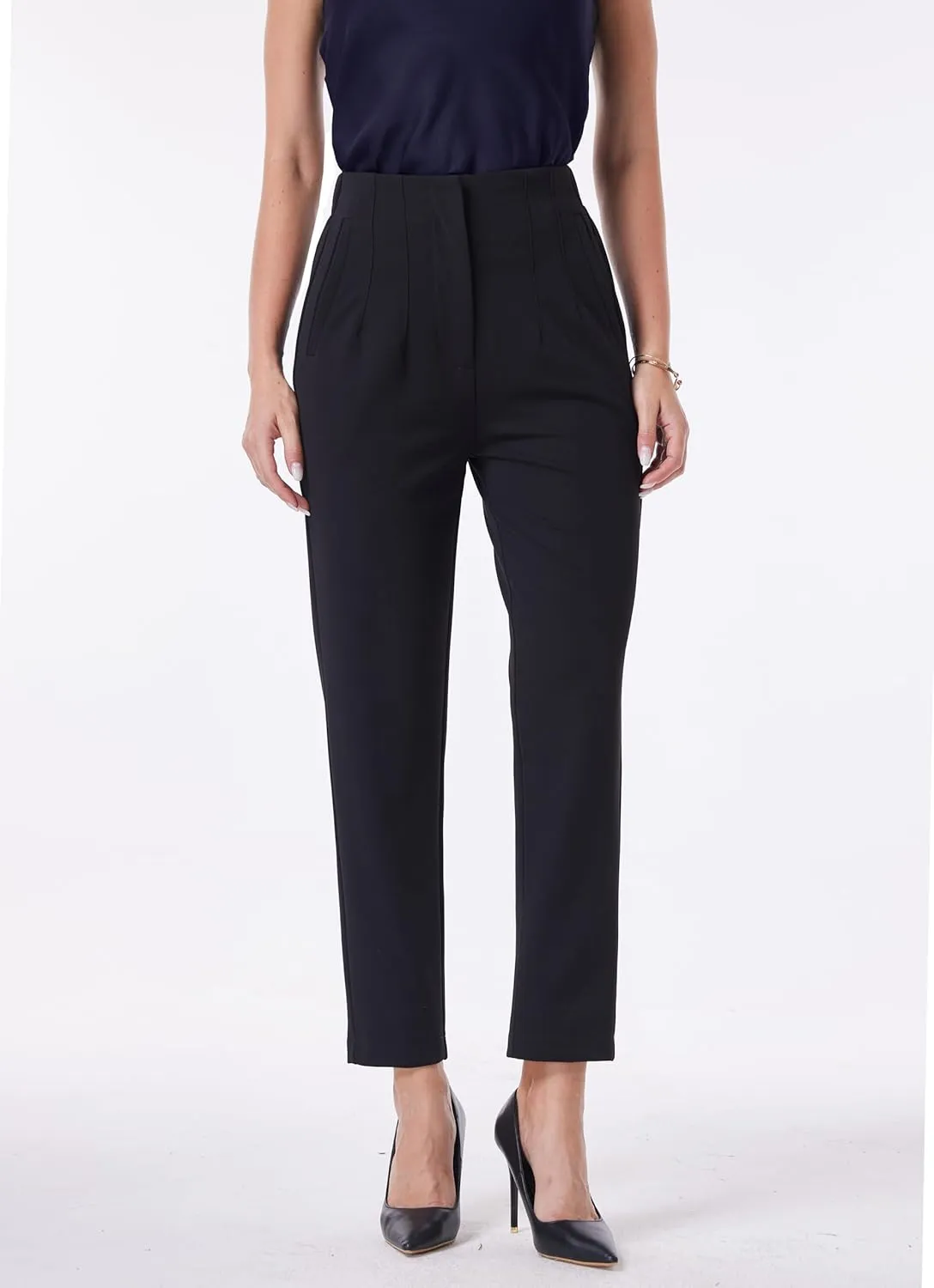 heipeiwa Women's High Waisted Work Business Trousers Pleated Office Slacks Pants Crop Dress Pant