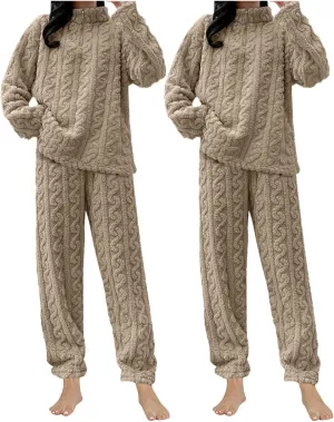 HGps8w 2 Pack Women's Fuzzy Fleece Pajama Sets - Long Sleeve Pullover Sleepwear Tops Long Pants 2 Piece Lounge Outfits