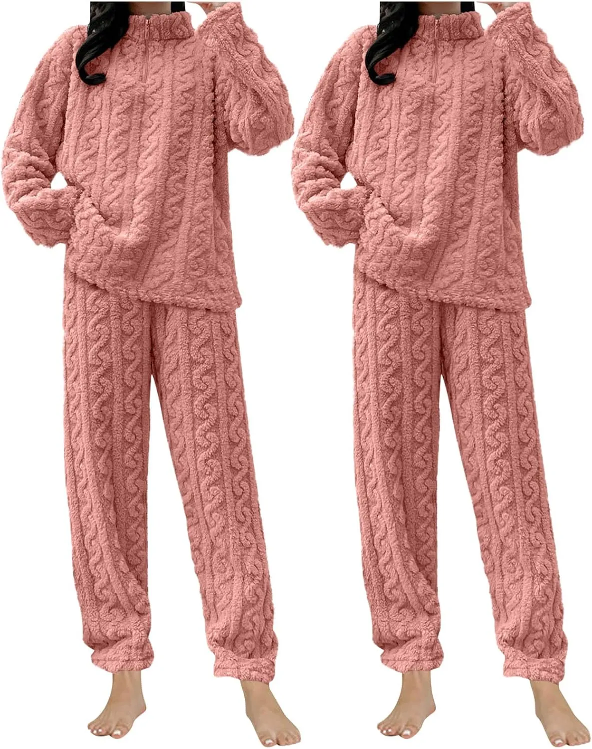 HGps8w 2 Pack Women's Fuzzy Fleece Pajama Sets - Long Sleeve Pullover Sleepwear Tops Long Pants 2 Piece Lounge Outfits