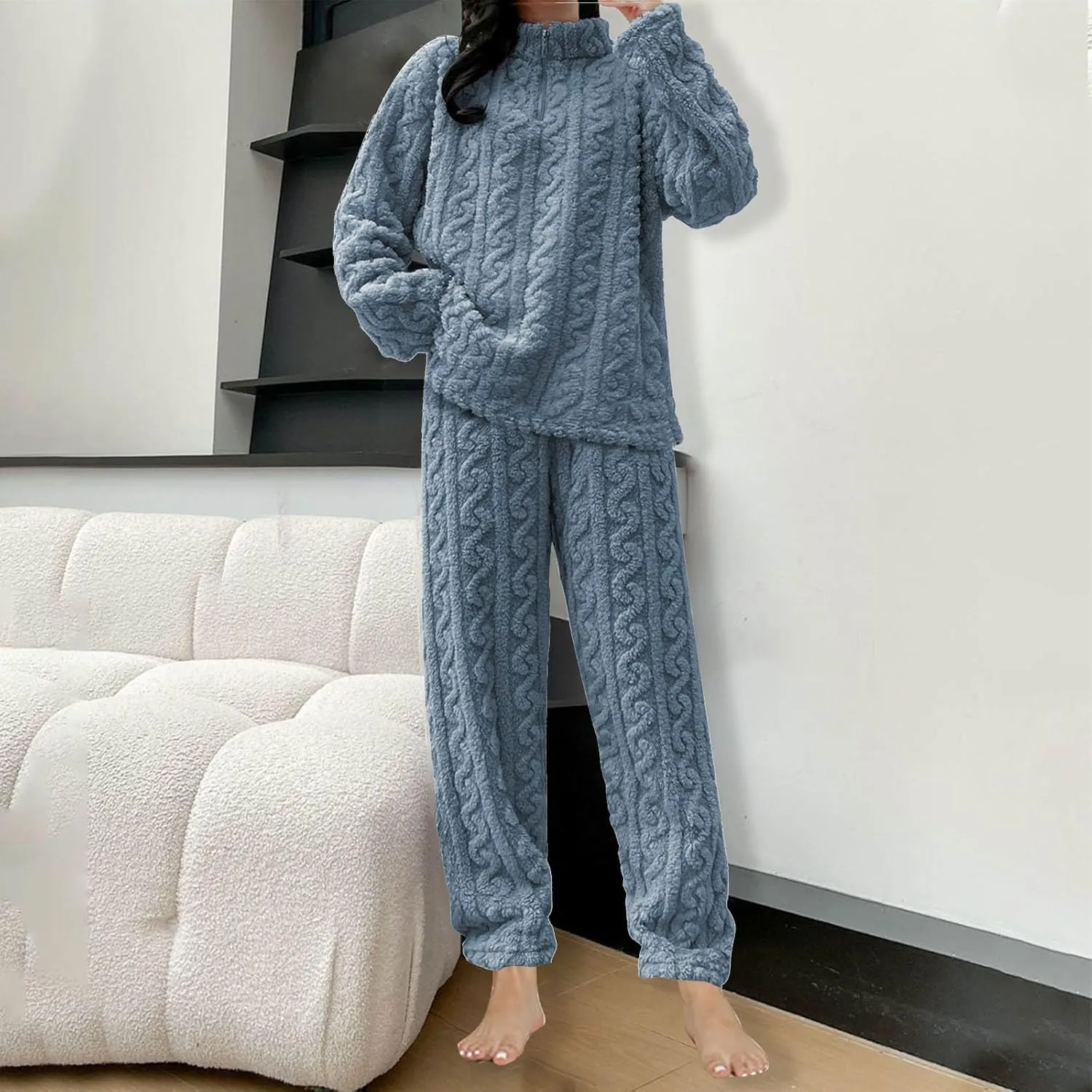 HGps8w 2 Pack Women's Fuzzy Fleece Pajama Sets - Long Sleeve Pullover Sleepwear Tops Long Pants 2 Piece Lounge Outfits