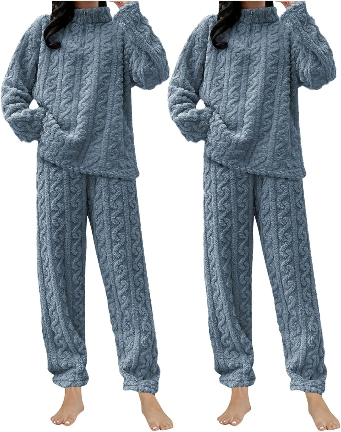 HGps8w 2 Pack Women's Fuzzy Fleece Pajama Sets - Long Sleeve Pullover Sleepwear Tops Long Pants 2 Piece Lounge Outfits