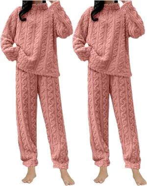 HGps8w 2 Pack Women's Fuzzy Fleece Pajama Sets - Long Sleeve Pullover Sleepwear Tops Long Pants 2 Piece Lounge Outfits