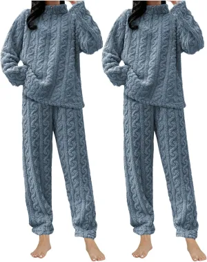 HGps8w 2 Pack Women's Fuzzy Fleece Pajama Sets - Long Sleeve Pullover Sleepwear Tops Long Pants 2 Piece Lounge Outfits