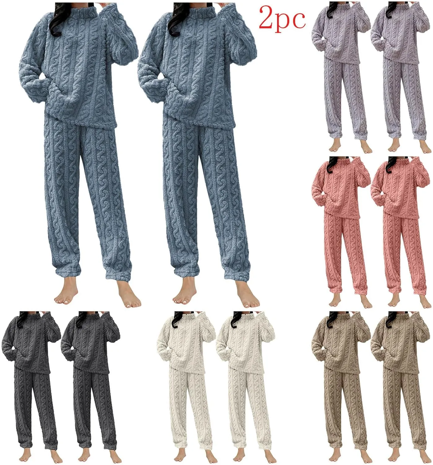 HGps8w 2 Pack Women's Fuzzy Fleece Pajama Sets - Long Sleeve Pullover Sleepwear Tops Long Pants 2 Piece Lounge Outfits
