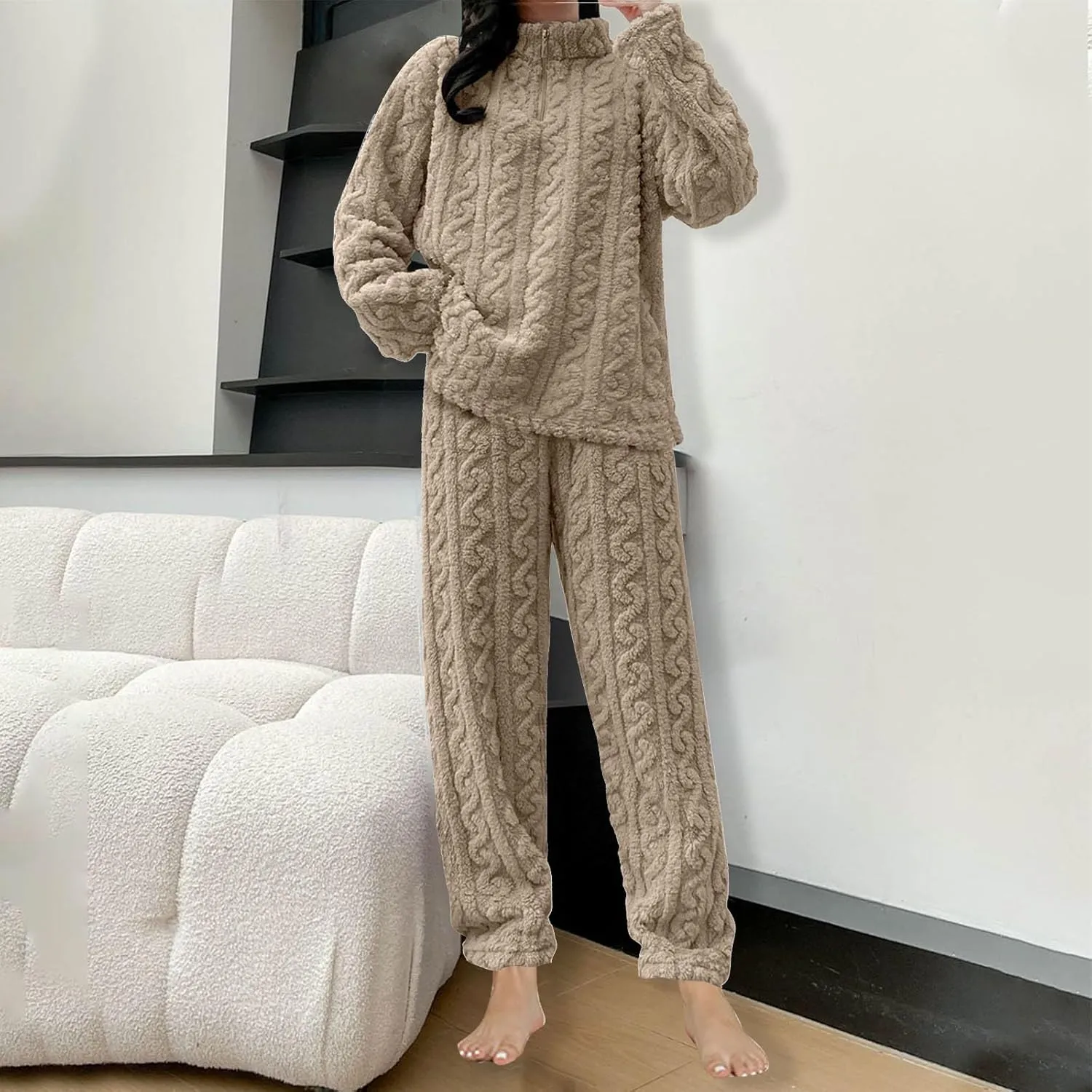 HGps8w 2 Pack Women's Fuzzy Fleece Pajama Sets - Long Sleeve Pullover Sleepwear Tops Long Pants 2 Piece Lounge Outfits