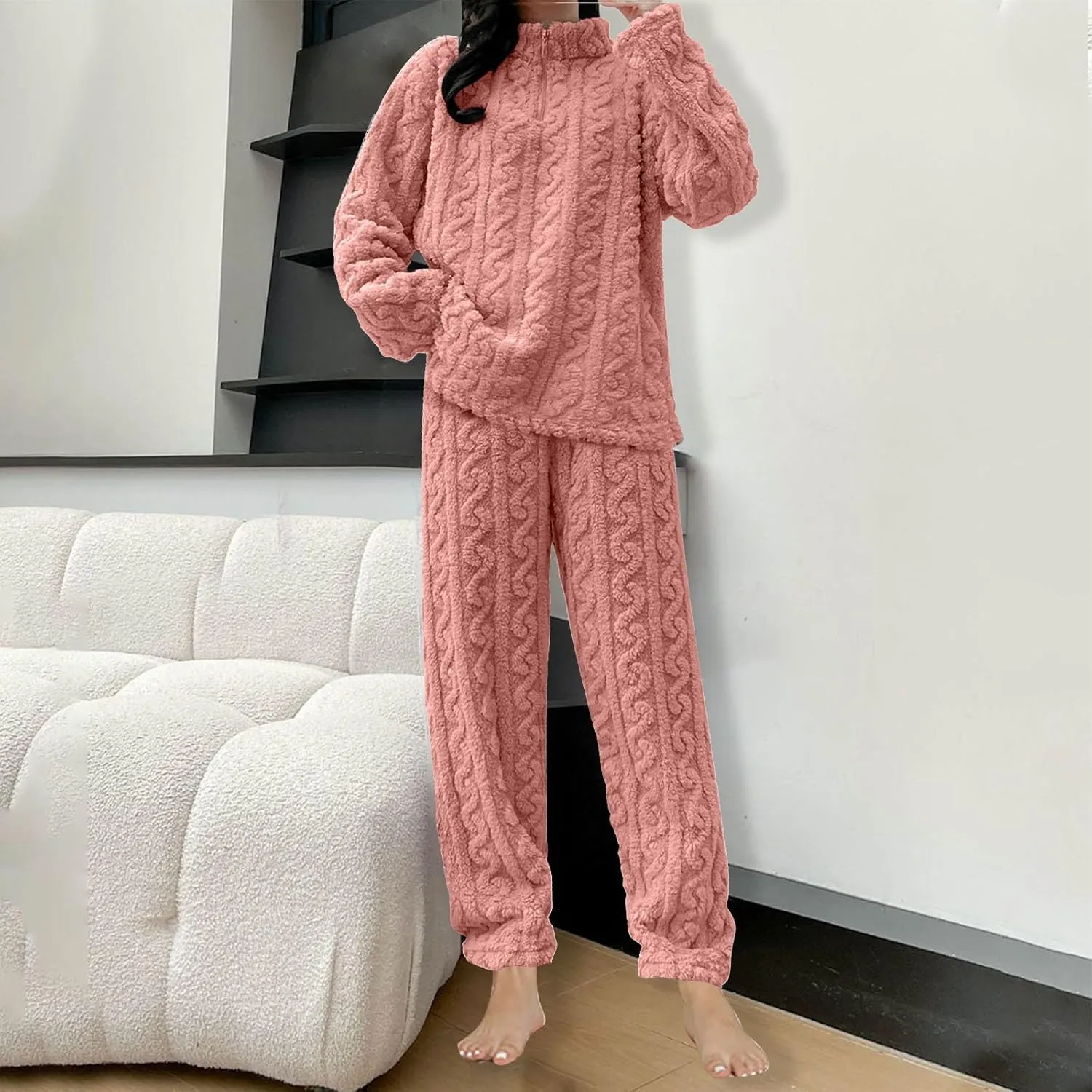 HGps8w 2 Pack Women's Fuzzy Fleece Pajama Sets - Long Sleeve Pullover Sleepwear Tops Long Pants 2 Piece Lounge Outfits