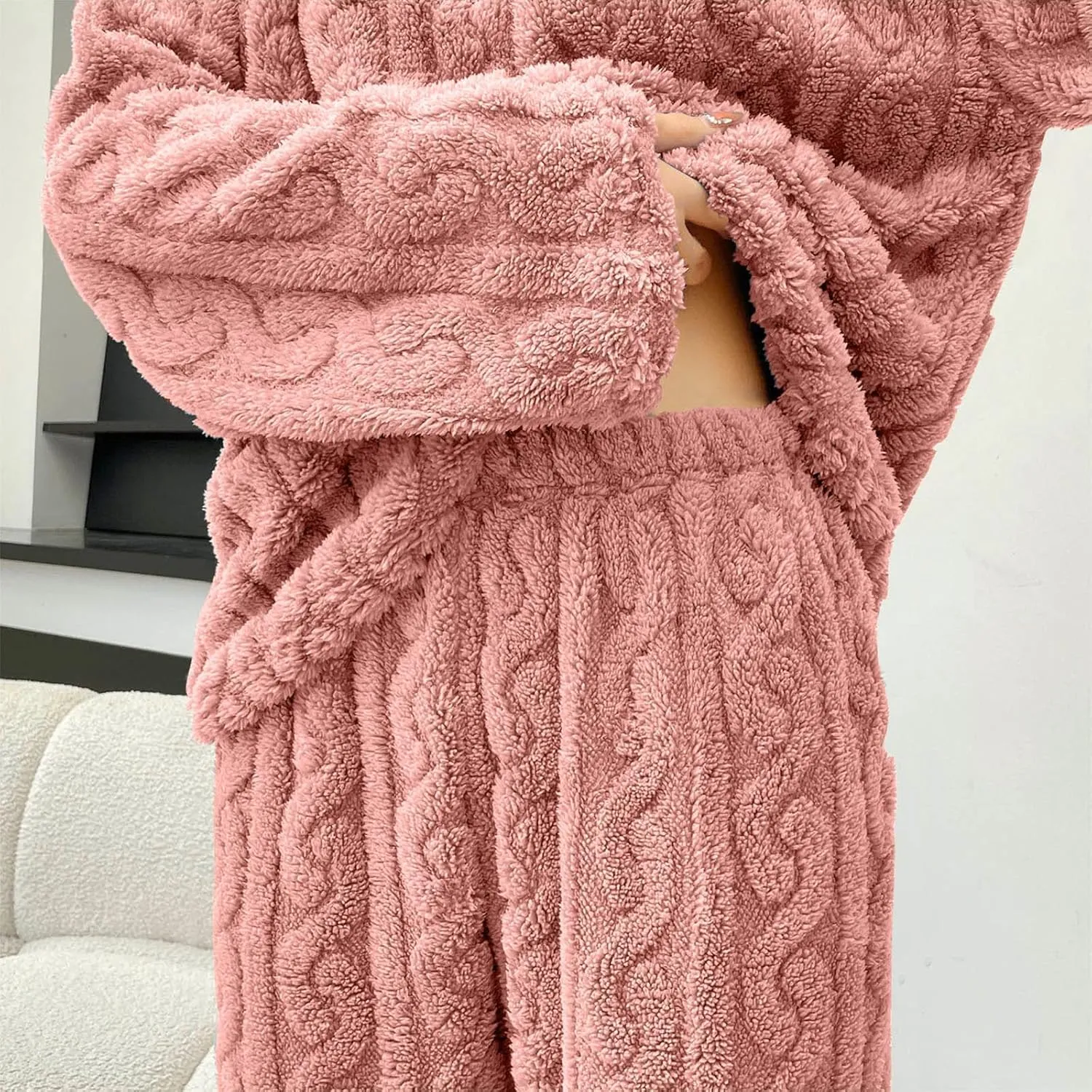 HGps8w 2 Pack Women's Fuzzy Fleece Pajama Sets - Long Sleeve Pullover Sleepwear Tops Long Pants 2 Piece Lounge Outfits