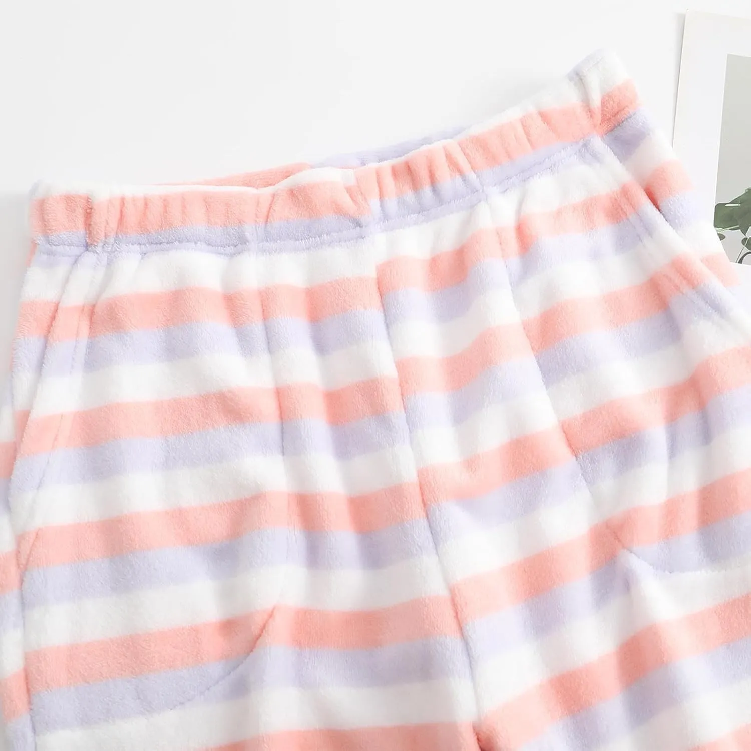 HGps8w Women's Casual Striped Fleece Pajama Pants Fuzzy Winter Warm Soft Lounge Pants Comfy Pajama Bottoms Sleepwear