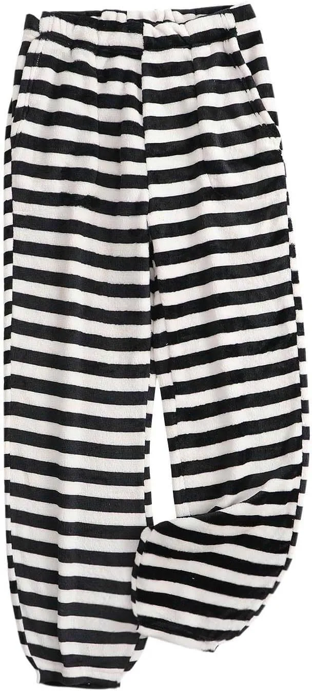 HGps8w Women's Casual Striped Fleece Pajama Pants Winter Warm Soft Fuzzy Lounge Pants Comfy Pajama Bottoms Sleepwear