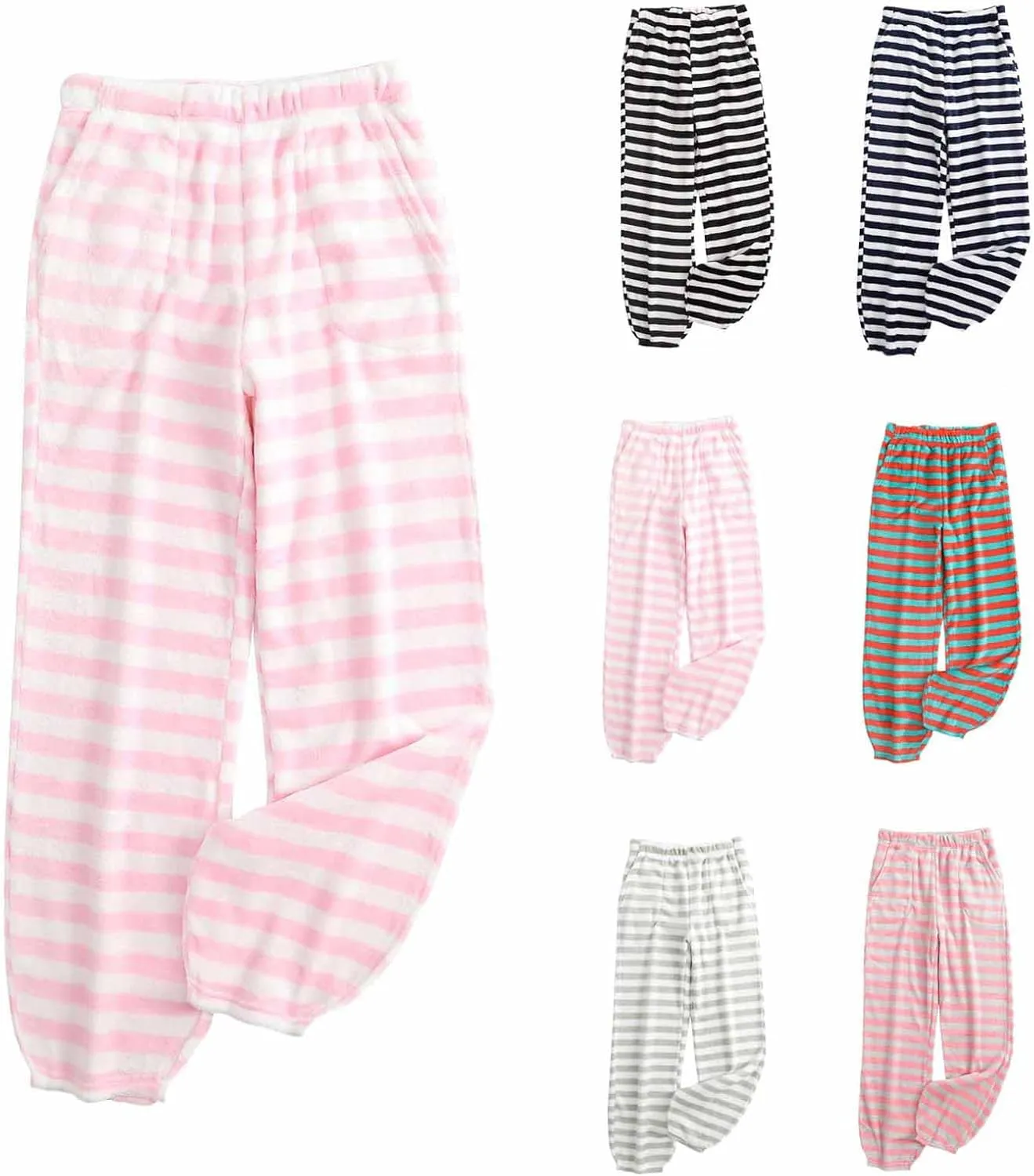 HGps8w Women's Casual Striped Fleece Pajama Pants Winter Warm Soft Fuzzy Lounge Pants Comfy Pajama Bottoms Sleepwear