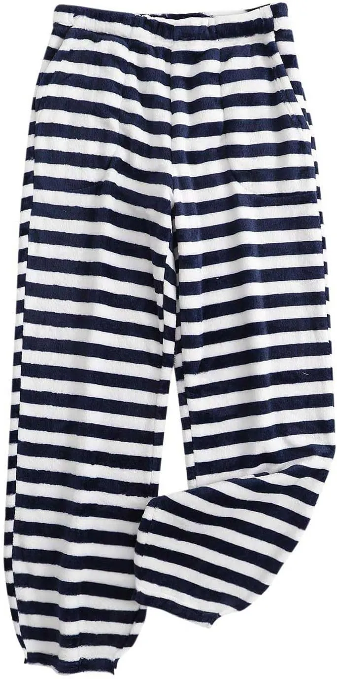 HGps8w Women's Casual Striped Fleece Pajama Pants Winter Warm Soft Fuzzy Lounge Pants Comfy Pajama Bottoms Sleepwear