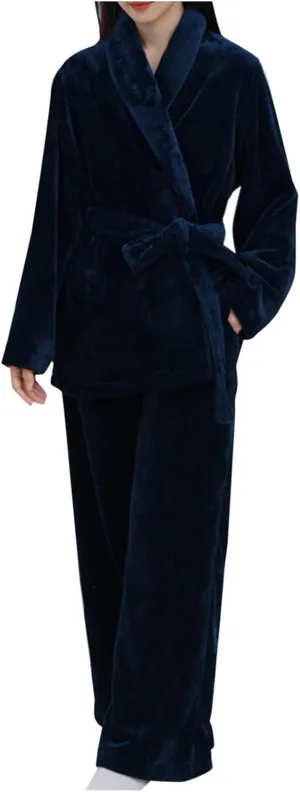 HGps8w Women's Furry Fleece Pajamas Sets - Ultra Soft Belted Wrap Top with Long Pants Two Piece Comfy Lounge Sleepwear