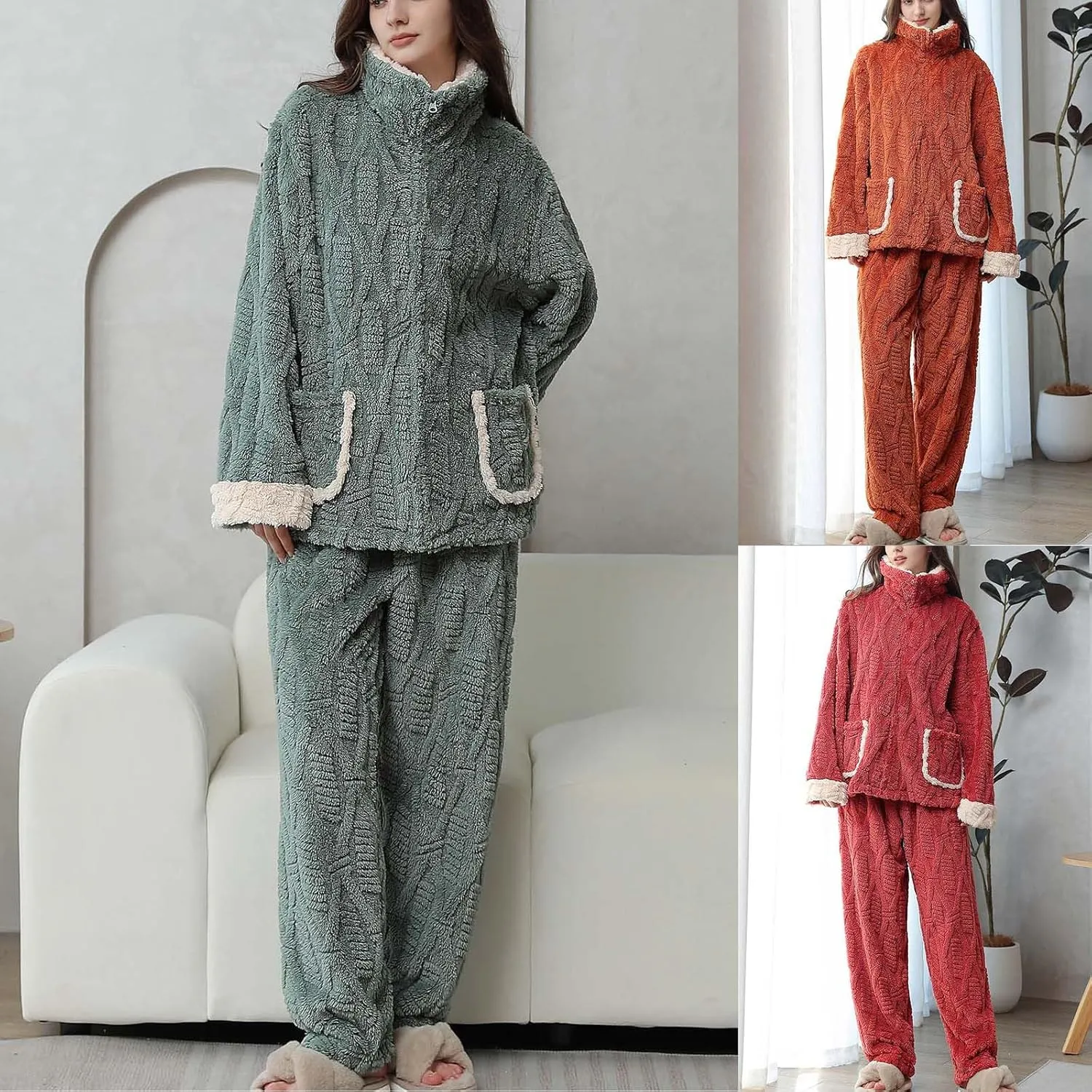 HGps8w Women's Fuzzy Fleece Pajama Sets - Stand Collar Warm Winter Oversized Sleepwear Tops with Plush Pants Lounge Pjs