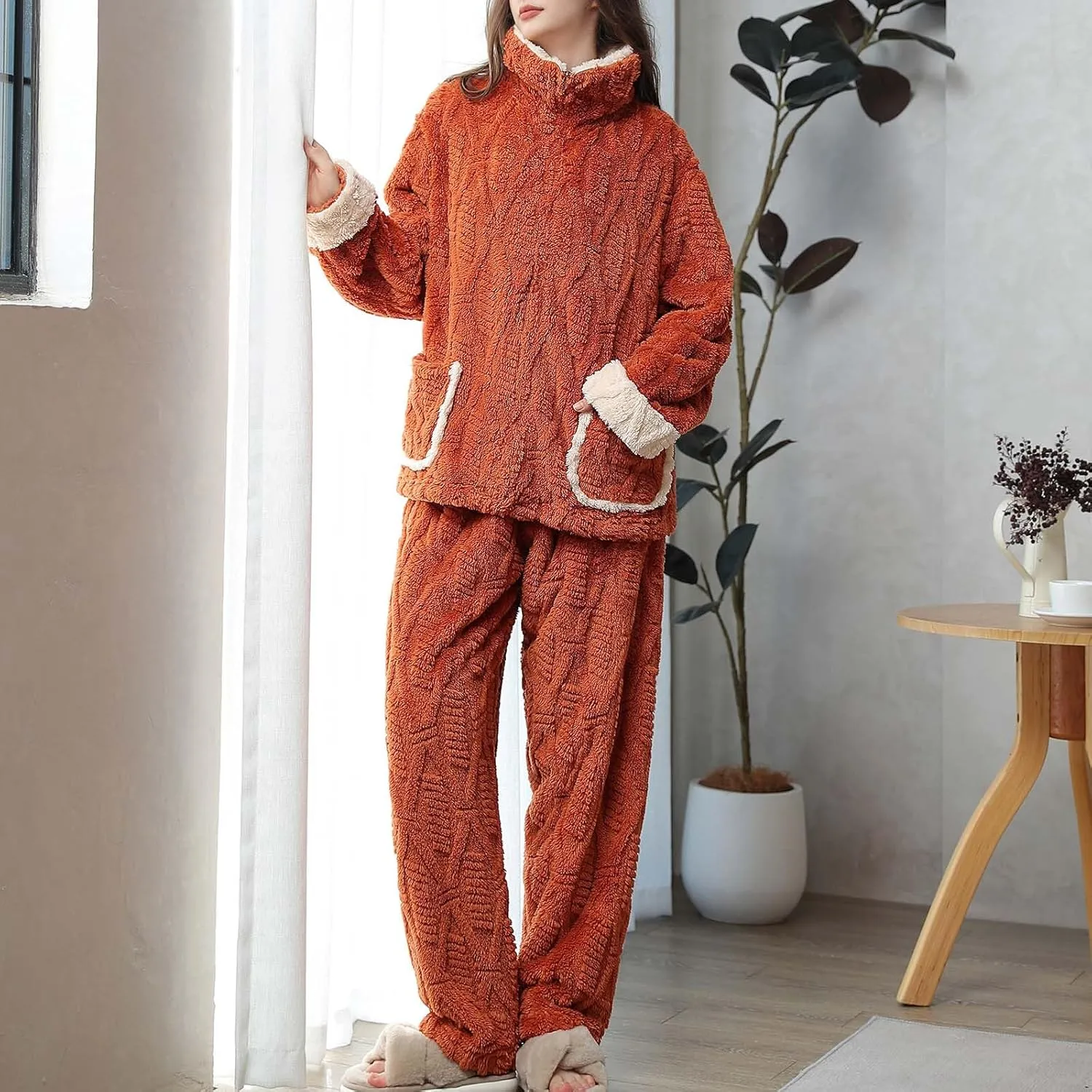 HGps8w Women's Fuzzy Fleece Pajama Sets - Stand Collar Warm Winter Oversized Sleepwear Tops with Plush Pants Lounge Pjs