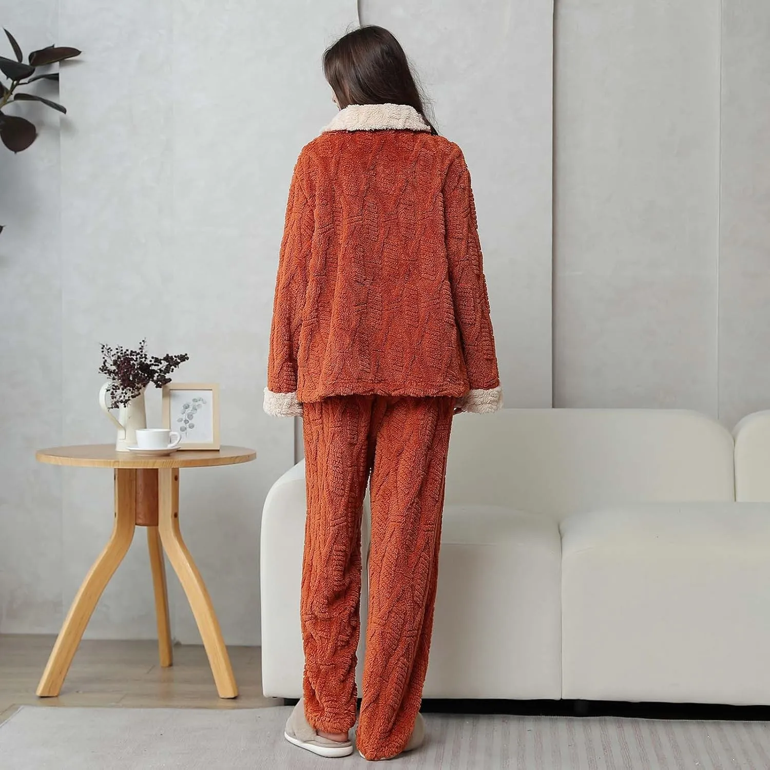 HGps8w Women's Fuzzy Fleece Pajama Sets - Stand Collar Warm Winter Oversized Sleepwear Tops with Plush Pants Lounge Pjs