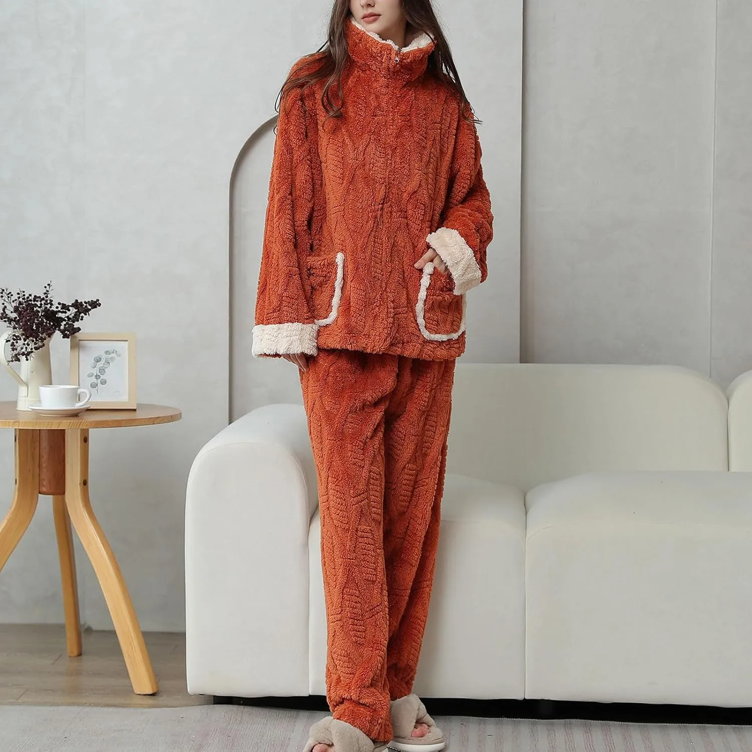 HGps8w Women's Fuzzy Fleece Pajama Sets - Stand Collar Warm Winter Oversized Sleepwear Tops with Plush Pants Lounge Pjs