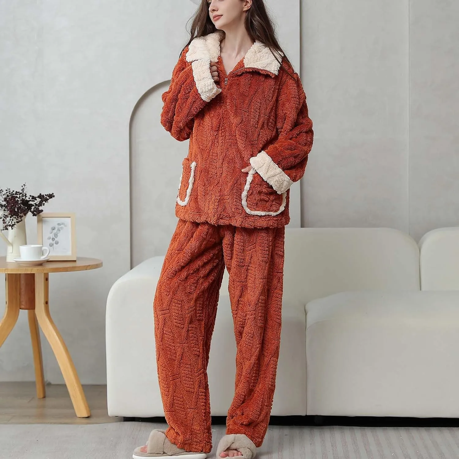 HGps8w Women's Fuzzy Fleece Pajama Sets - Stand Collar Warm Winter Oversized Sleepwear Tops with Plush Pants Lounge Pjs