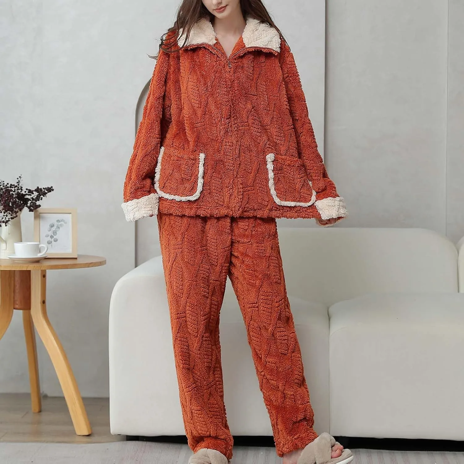 HGps8w Women's Fuzzy Fleece Pajama Sets - Stand Collar Warm Winter Oversized Sleepwear Tops with Plush Pants Lounge Pjs