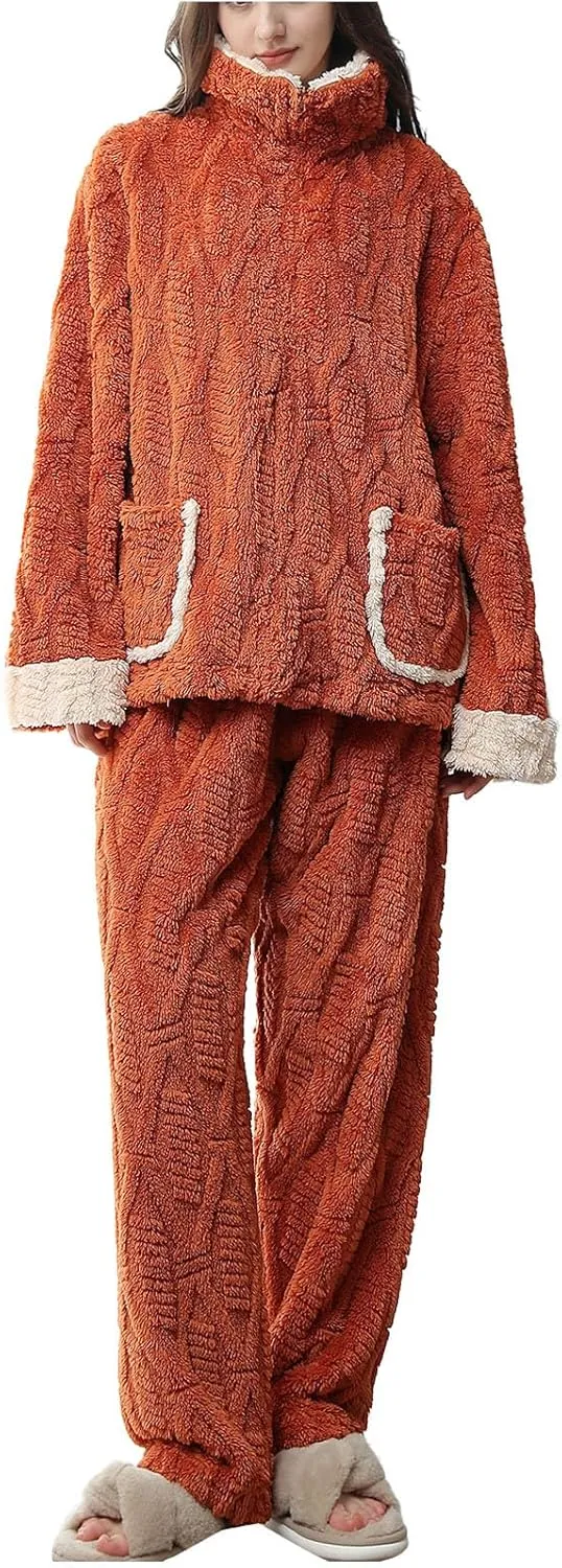 HGps8w Women's Fuzzy Fleece Pajama Sets - Stand Collar Warm Winter Oversized Sleepwear Tops with Plush Pants Lounge Pjs