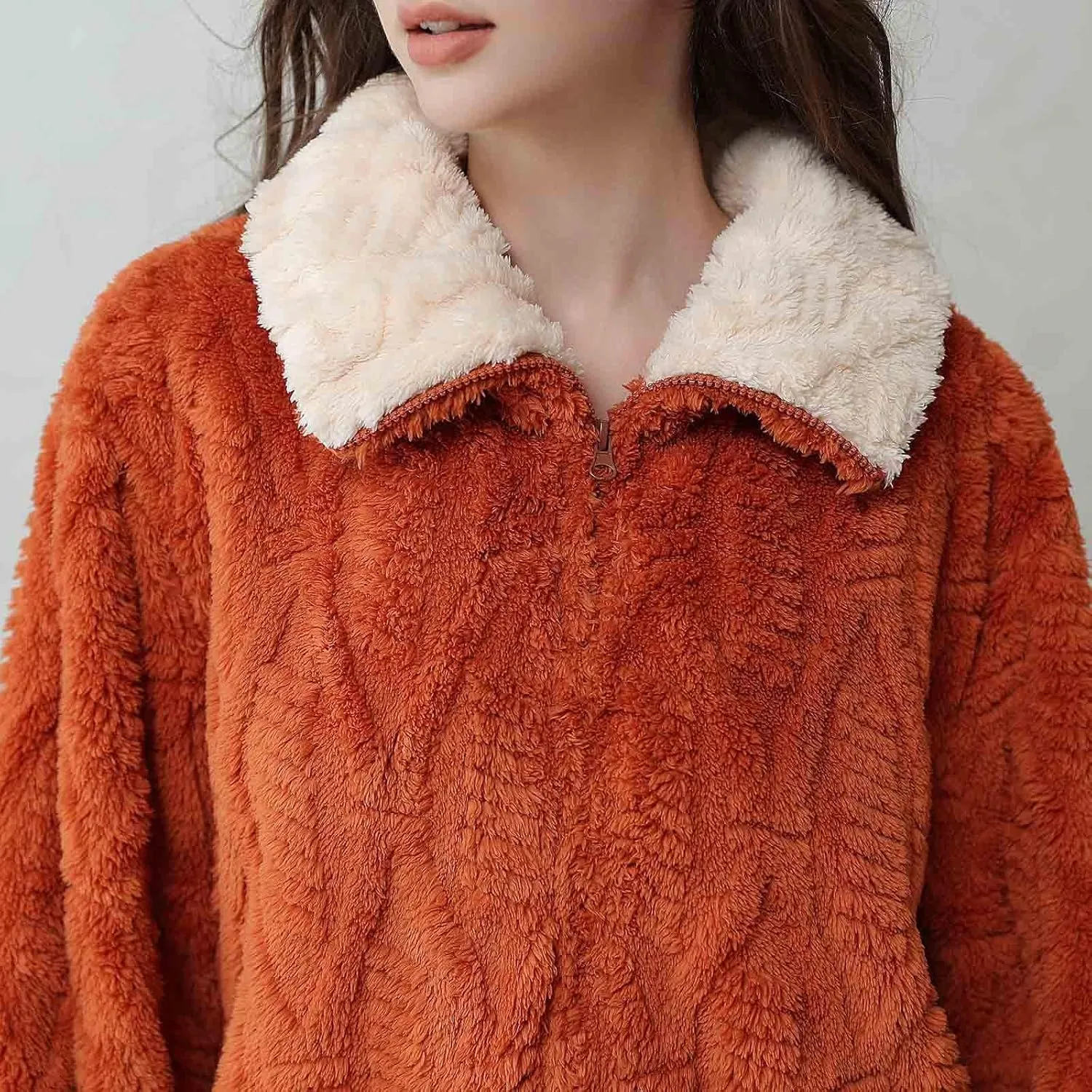 HGps8w Women's Fuzzy Fleece Pajama Sets - Stand Collar Warm Winter Oversized Sleepwear Tops with Plush Pants Lounge Pjs