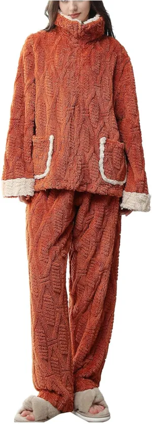 HGps8w Women's Fuzzy Fleece Pajama Sets - Stand Collar Warm Winter Oversized Sleepwear Tops with Plush Pants Lounge Pjs