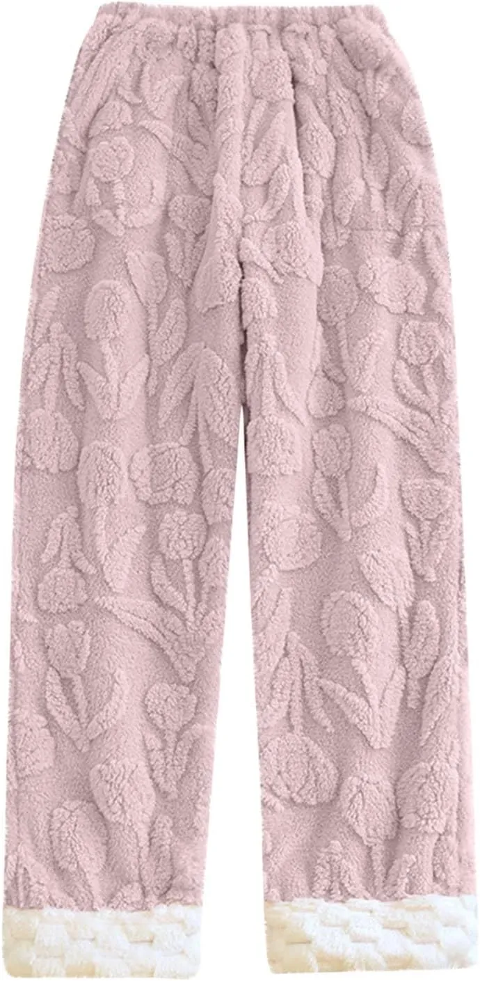 HGps8w Women's Fuzzy Pajama Pants Winter Warm Fleece Lounge Long Pants Comfy Elastic Waist Sleepwear Plush Pjs Bottom