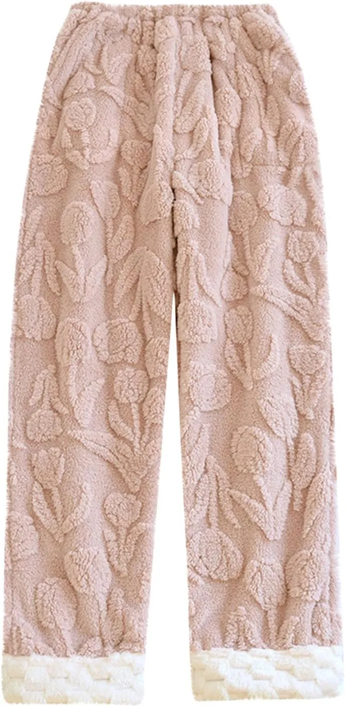 HGps8w Women's Fuzzy Pajama Pants Winter Warm Fleece Lounge Long Pants Comfy Elastic Waist Sleepwear Plush Pjs Bottom