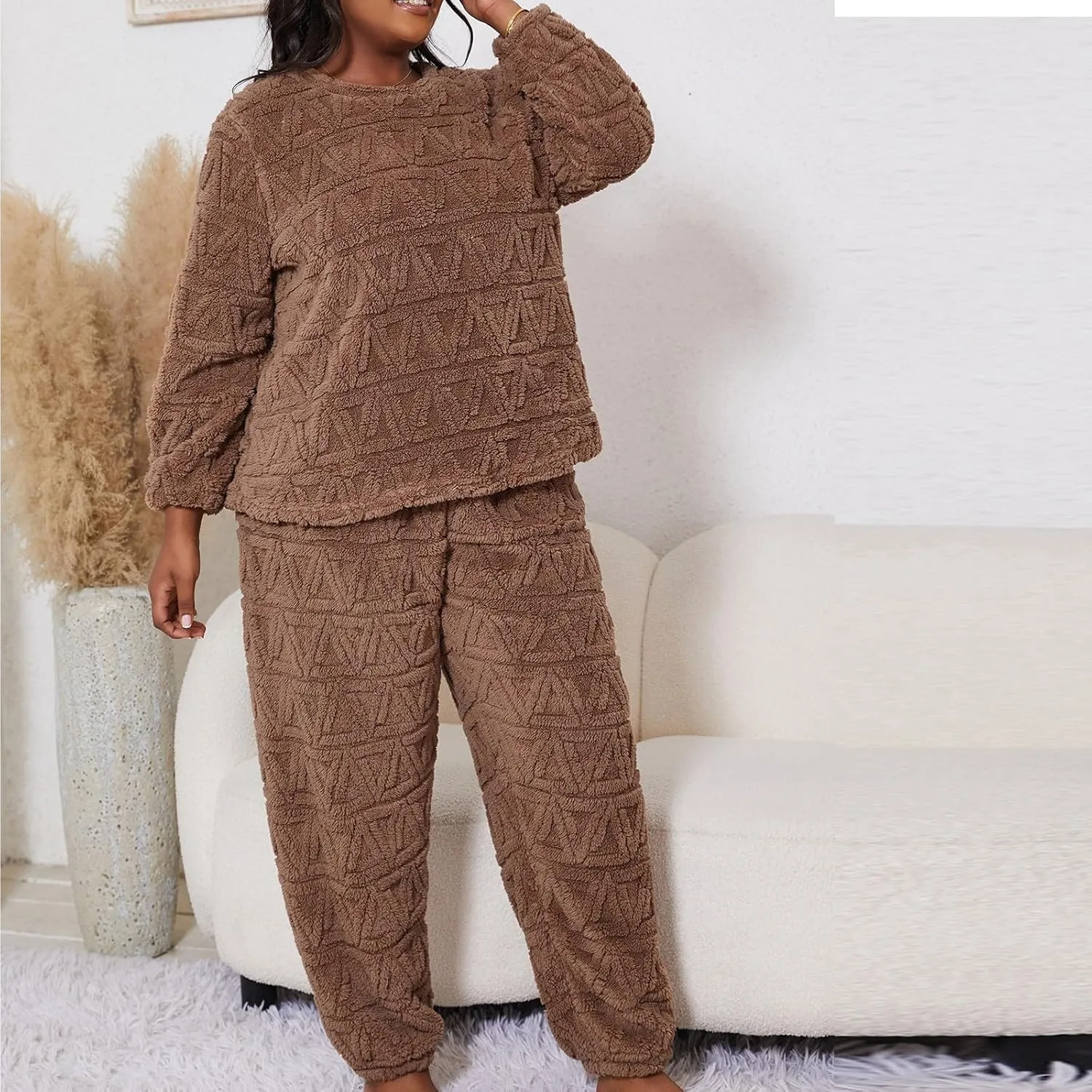 HGps8w Women's Plus Size Fuzzy Fleece Pajama Sets - Warm Winter Pullover Hoodies with Plush Pants Pjs Lounge Sleepwear