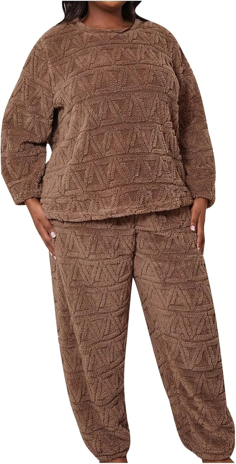 HGps8w Women's Plus Size Fuzzy Fleece Pajama Sets - Warm Winter Pullover Hoodies with Plush Pants Pjs Lounge Sleepwear
