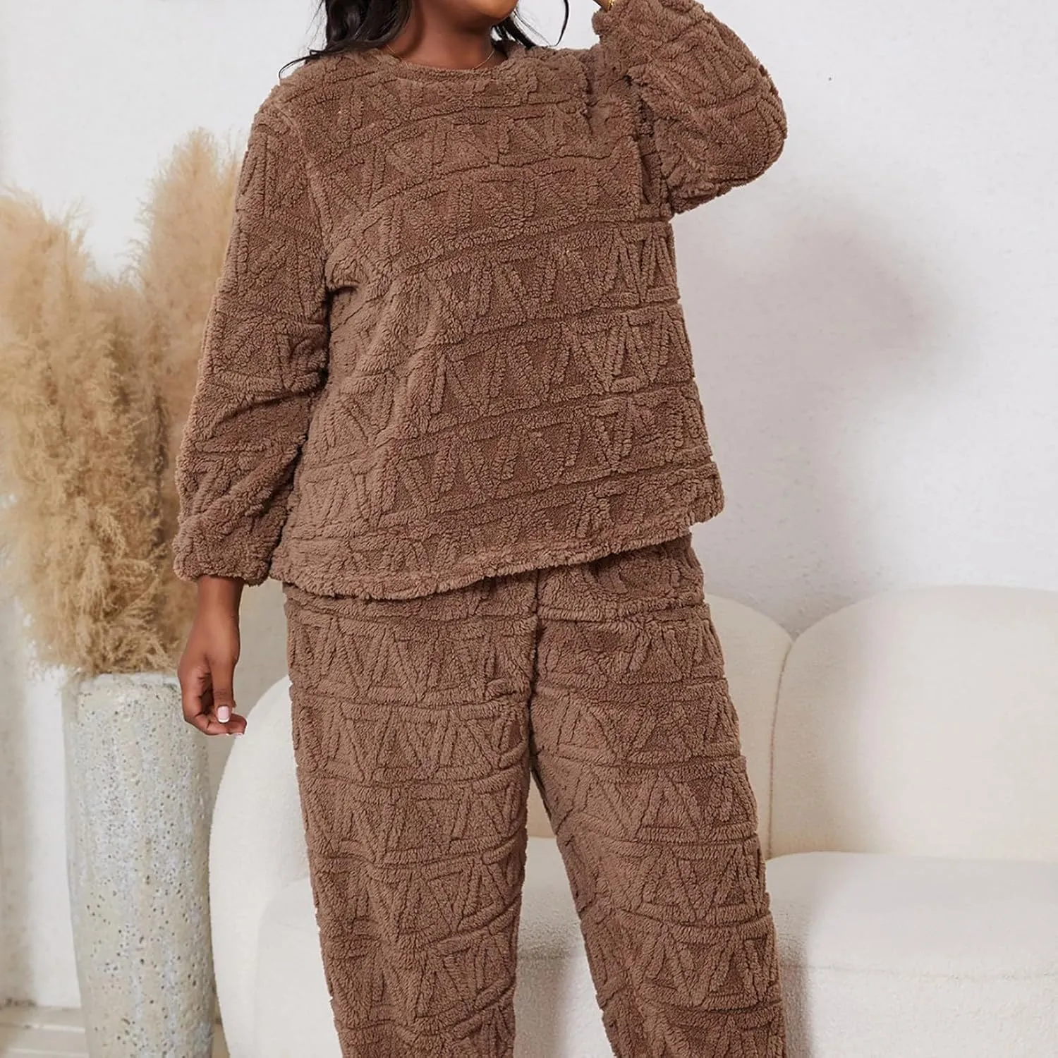 HGps8w Women's Plus Size Fuzzy Fleece Pajama Sets - Warm Winter Pullover Hoodies with Plush Pants Pjs Lounge Sleepwear