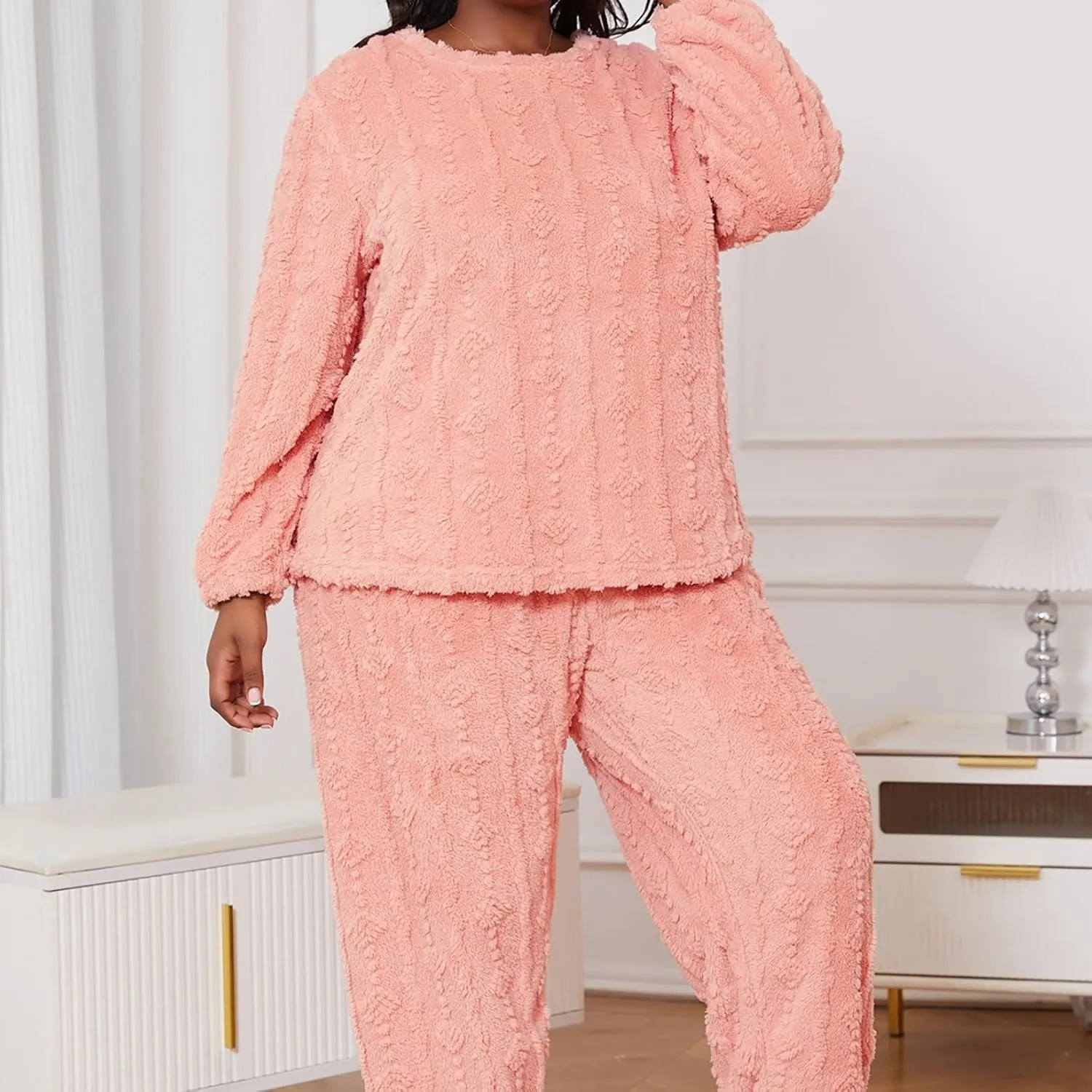 HGps8w Women's Plus Size Fuzzy Fleece Pajama Sets - Warm Winter Pullover Hoodies with Plush Pants Pjs Lounge Sleepwear
