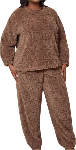 HGps8w Women's Plus Size Fuzzy Fleece Pajama Sets - Warm Winter Pullover Hoodies with Plush Pants Pjs Lounge Sleepwear
