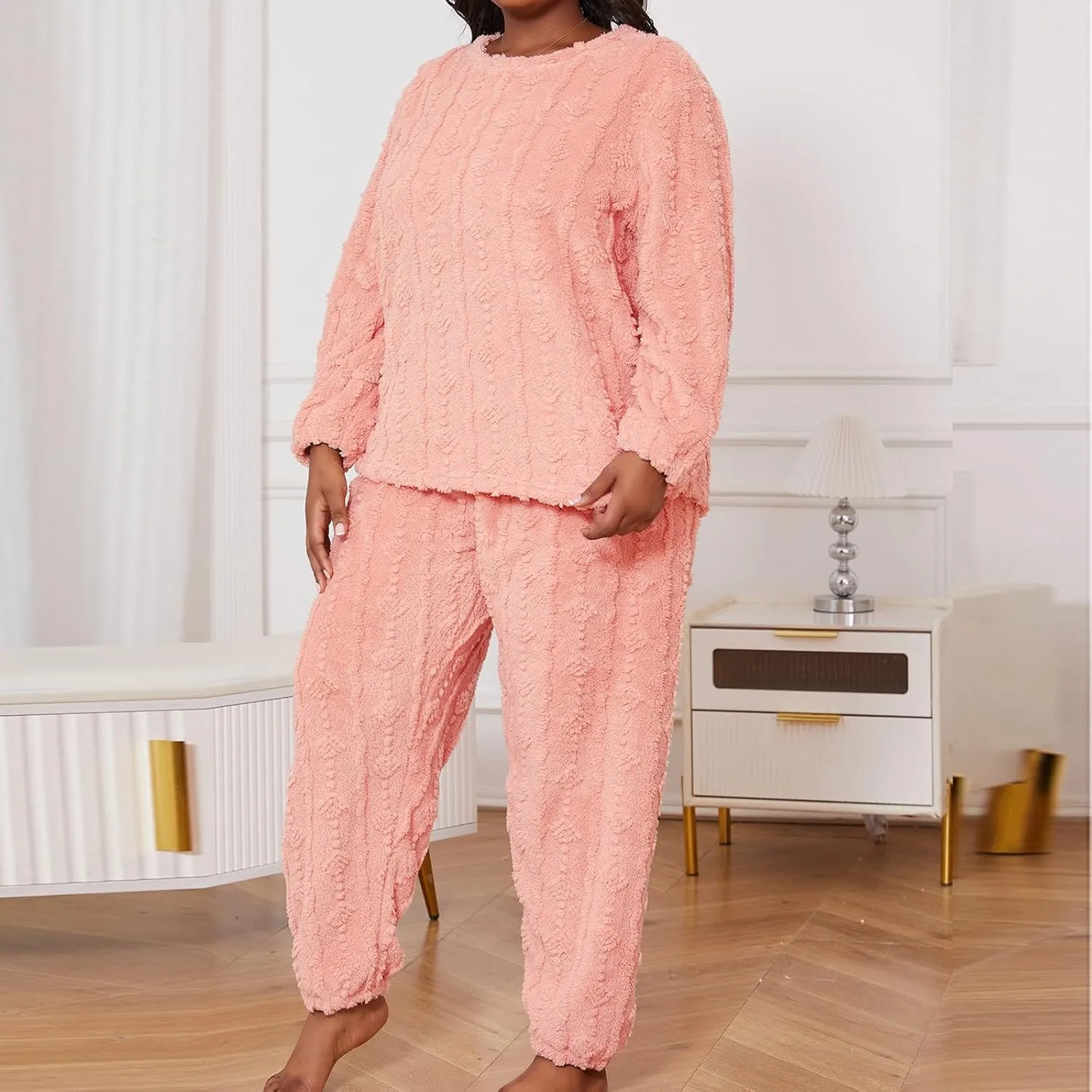 HGps8w Women's Plus Size Fuzzy Fleece Pajama Sets - Warm Winter Pullover Hoodies with Plush Pants Pjs Lounge Sleepwear