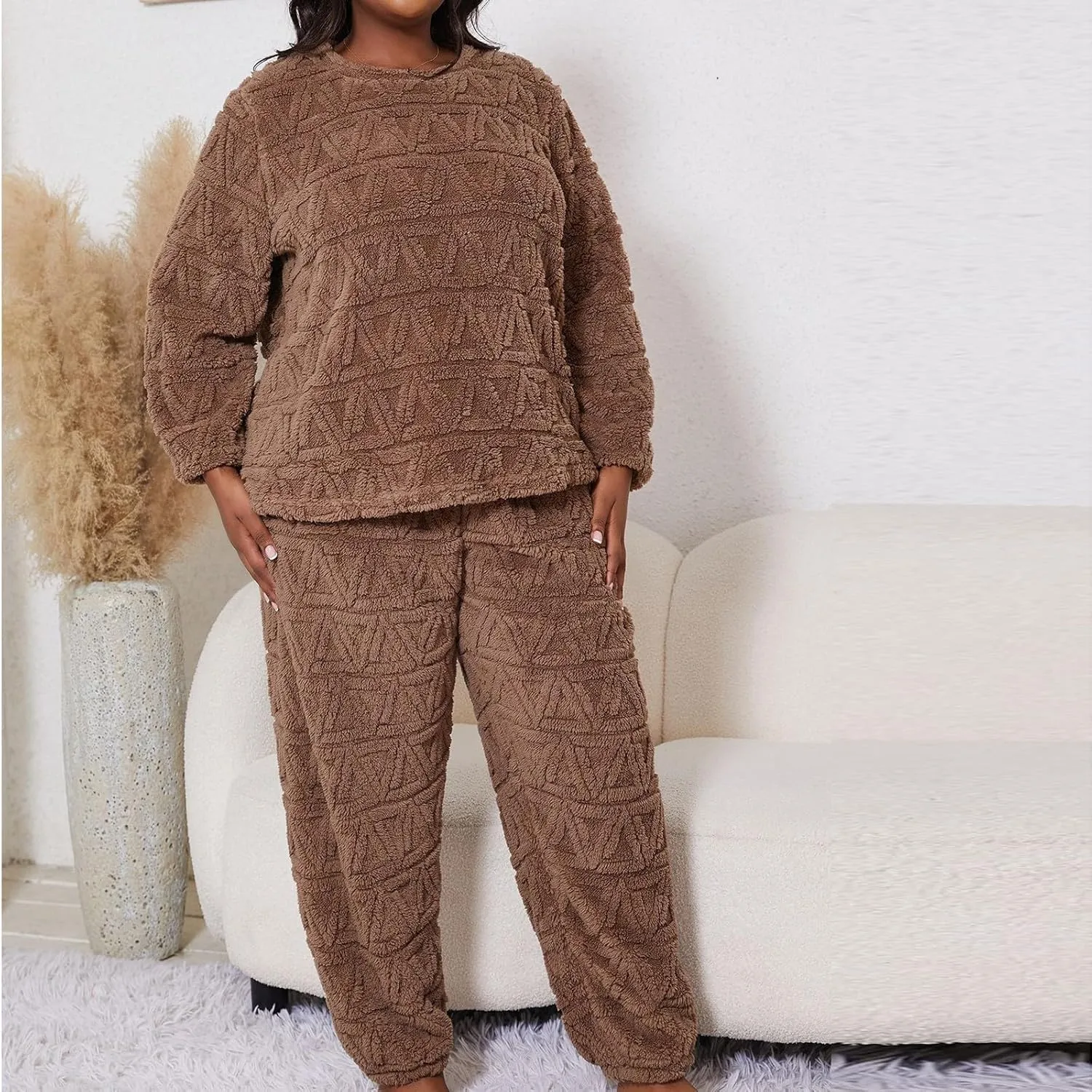 HGps8w Women's Plus Size Fuzzy Fleece Pajama Sets - Warm Winter Pullover Hoodies with Plush Pants Pjs Lounge Sleepwear
