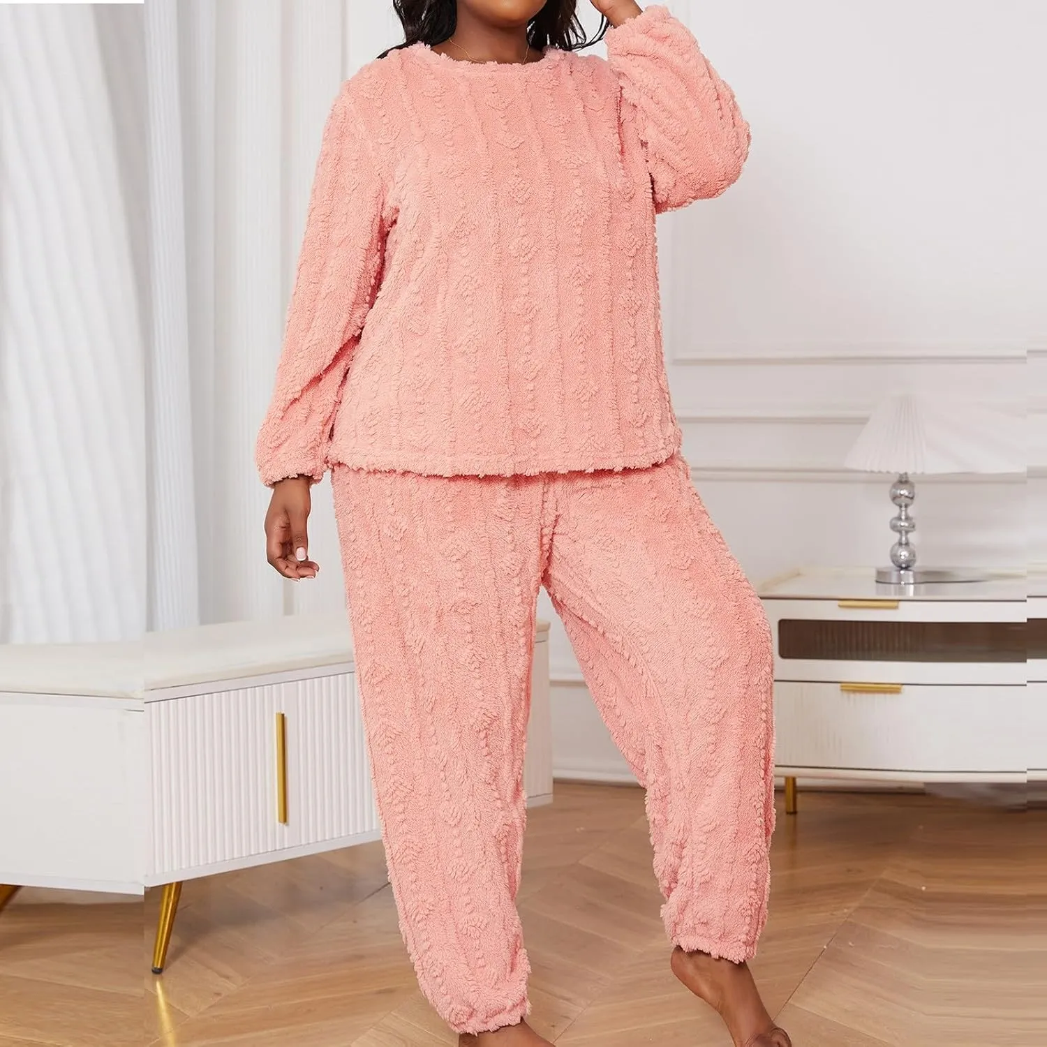 HGps8w Women's Plus Size Fuzzy Fleece Pajama Sets - Warm Winter Pullover Hoodies with Plush Pants Pjs Lounge Sleepwear