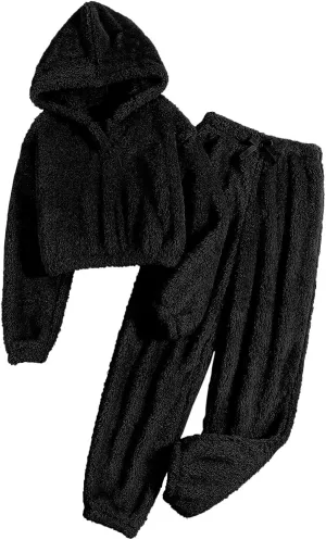 hlysgo Women's Fuzzy Lounge Casual Pajamas Sets Long Sleeve Fleece Hoodies and Pants Set 2 Piece Warm Loungewear Sleepwear