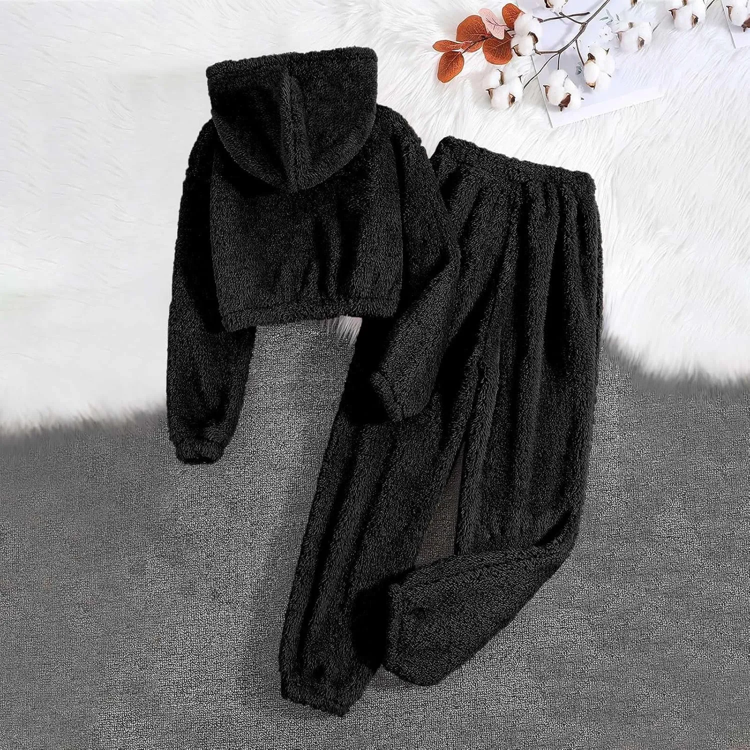hlysgo Women's Fuzzy Lounge Casual Pajamas Sets Long Sleeve Fleece Hoodies and Pants Set 2 Piece Warm Loungewear Sleepwear