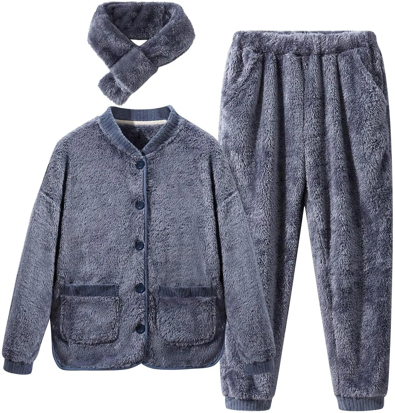 hlysgo Women's Fuzzy Lounge Casual Pajamas Sets with Scarf Long Sleeve Fleece Button Shirt and Pants 3 Piece Thermal Set