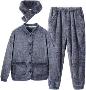hlysgo Women's Fuzzy Lounge Casual Pajamas Sets with Scarf Long Sleeve Fleece Button Shirt and Pants 3 Piece Thermal Set